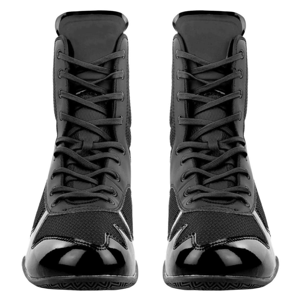 All-Black High-Top Boxing Shoes with Mesh Panels and Glossy Toe
